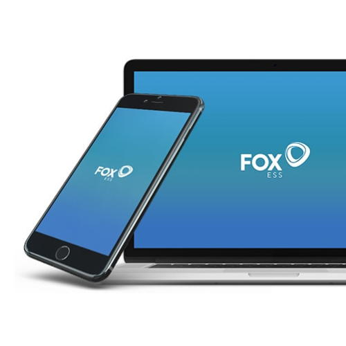 An image of an open laptop and iphone with the FOX ESS logo displayed on both screens.