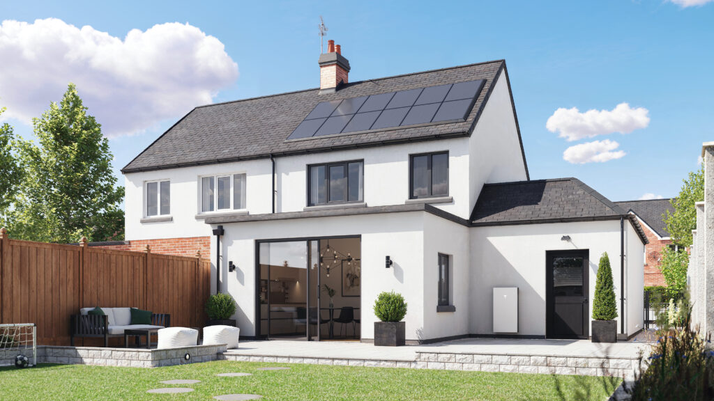 An image of a house with solar panels on the roof and a tesla powerwall 3 on the wall at the front of the house.