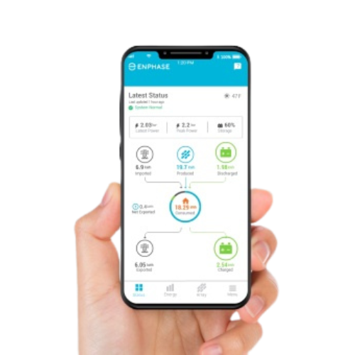 An image of a hand holding a mobile phone, the screen facing the front with the enphase enlighten app displayed on the screen.