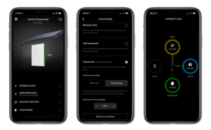 an image of 3 phones all displaying different pages of the tesla powerwall app