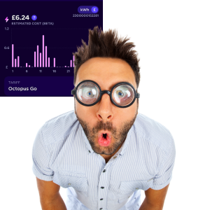 Man with a shocked face wearing jam jar classes. a image of a charging tariff screen behind him detailing cost of electricity.