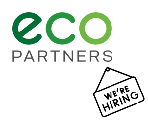 An image of the Eco Partners logo with a We're hiring sign hanging to the right of the logo. The logo is in three shades of green and grey text. The we're hiring sign is in black and white.