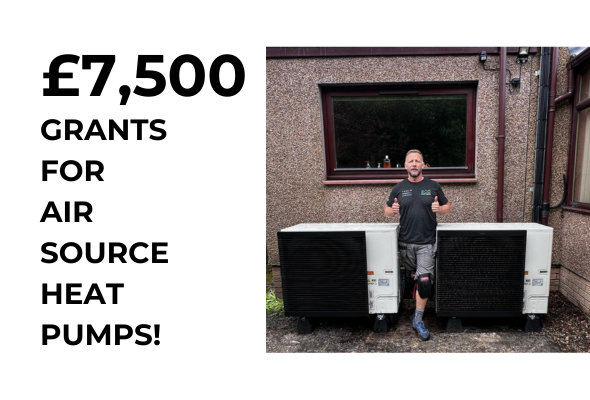 2 Air Source heat pumps side by side. A man stood in the middle holding his thumbs up. The title £7500 grants for air source heat pumps.