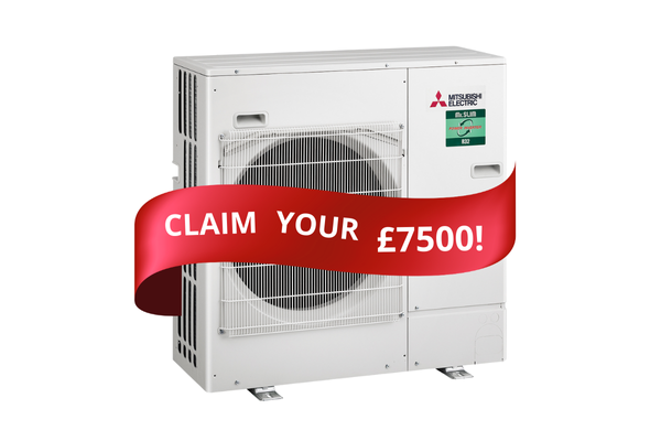 an image of a air source heat pump with a red banner across the front that says "claim your £7500"