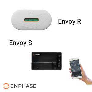 Image showing the Enphase R and Envoy S. a hand holding a smart phone showing the enlighten app on the screen.