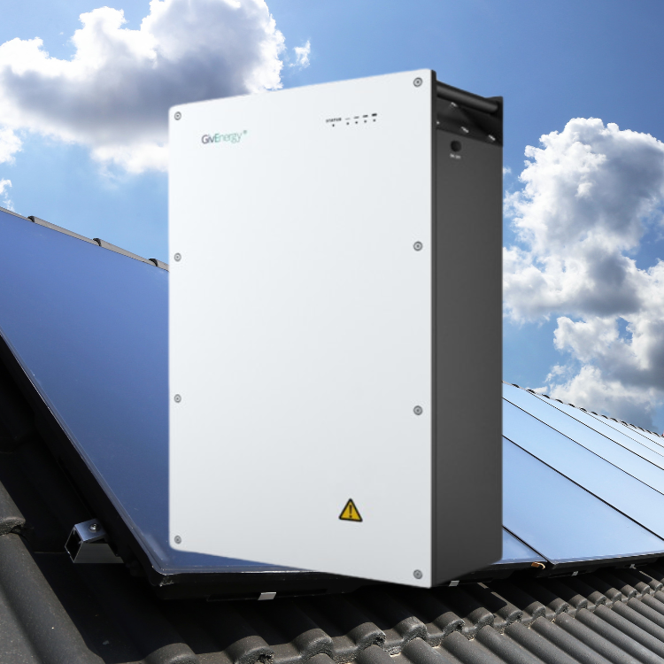 GivEnergy 3 Generation Battery with a roof and solar panels in the background with blue skies and clouds.