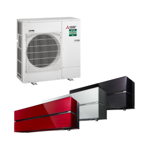 Mitsubishi out door unit and 3 x air conditioning units in red silver and black.
