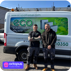 Image of 2 Eco Partners Staff members stood in front of an Eco Partners signed van. The Octopus Energy trusted partner logo in the corner.