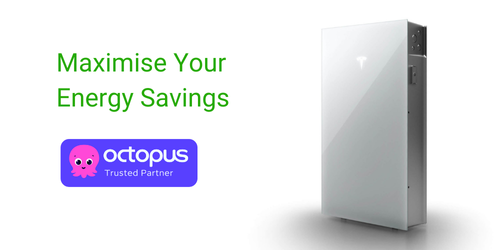 An image of a Tesla Powerwall 3 Battery and the Octopus Energy Trusted Partner Logo next to it. The title, Maximise your energy savings in green text.