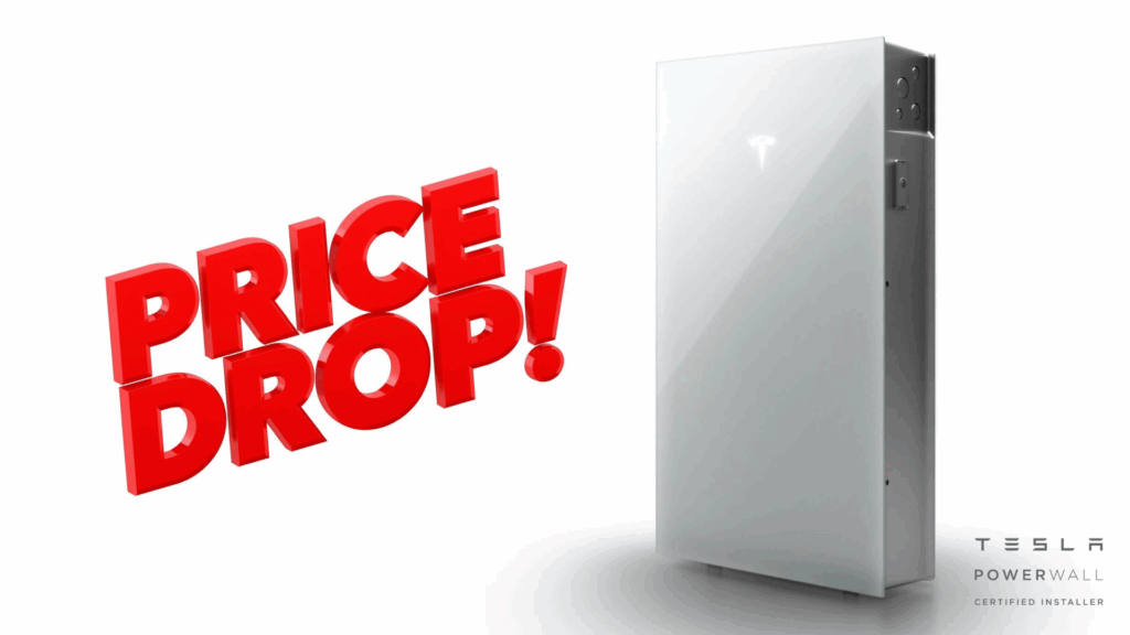 and image of a Tesla Powerwall 3 with Price Drop text in red next to it.