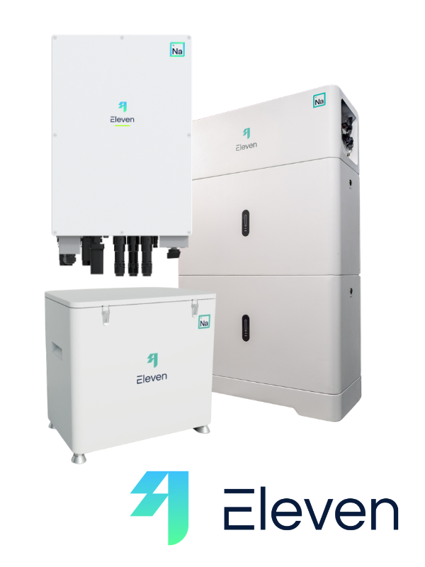 An Image of the Eleven Energy Sodium Battery Storage Range. Including an expandable battery pack and a hybrid inverter.