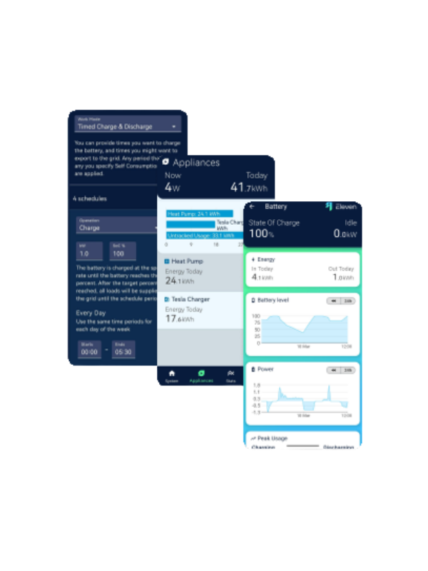 An Image of the Eleven Energy Sodium Battery management platform. Three phone Screens showcasing the platform.