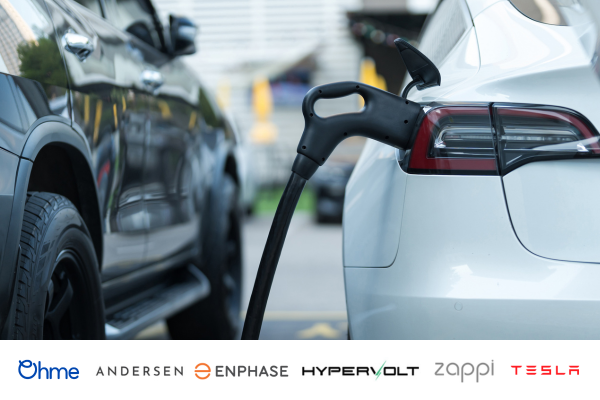 Image of a car plugged into an EV Charger. EV Charging Logo brands across the bottom of the image.