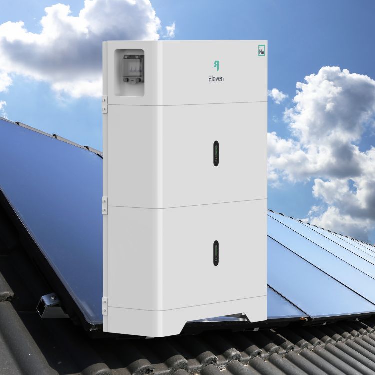 Eleven Energy Galvani Battery with a Solar PV Array on the Roof behind