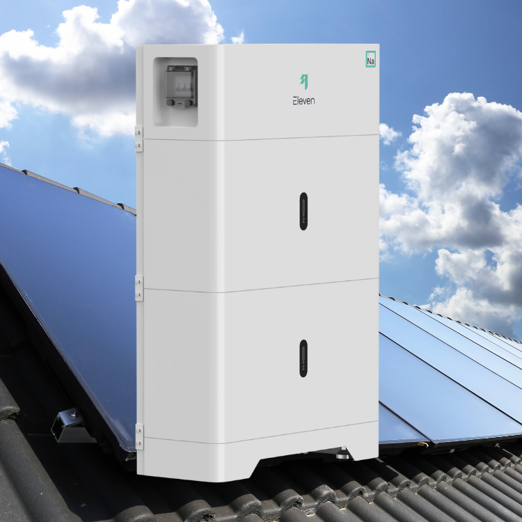Eleven Energy Galvani Battery Storage Unit in front of a roof with solar panels on.